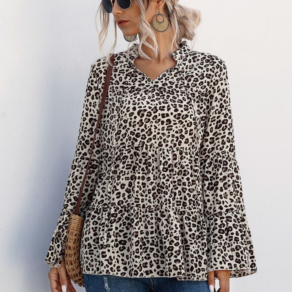 Leopard Print Peplum style long sleeve blouse - Picture 2 of 7